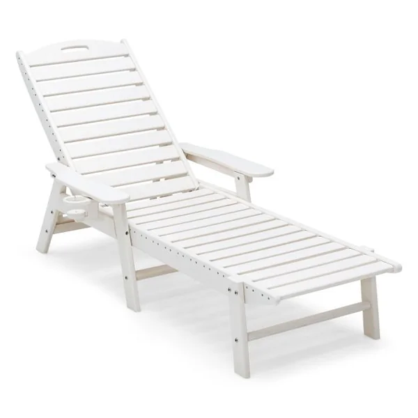 Bain de Soleil Inclinable à Dossier Réglable 5 Positions Transat Jardin Extérieur avec Porte-Gobelet Accoudoirs Charge 150 KG Blanc