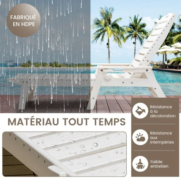 Bain de Soleil Inclinable à Dossier Réglable 5 Positions Transat Jardin Extérieur avec Porte-Gobelet Accoudoirs Charge 150 KG Blanc