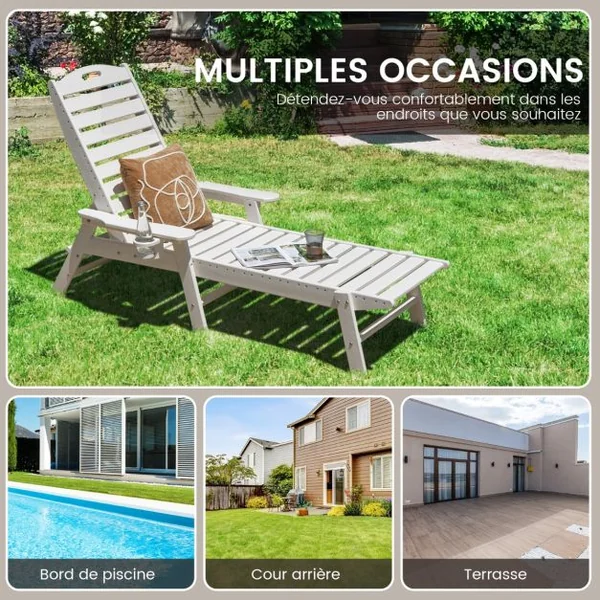 Bain de Soleil Inclinable à Dossier Réglable 5 Positions Transat Jardin Extérieur avec Porte-Gobelet Accoudoirs Charge 150 KG Blanc