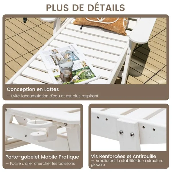 Bain de Soleil Inclinable à Dossier Réglable 5 Positions Transat Jardin Extérieur avec Porte-Gobelet Accoudoirs Charge 150 KG Blanc