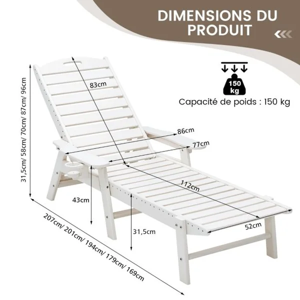 Bain de Soleil Inclinable à Dossier Réglable 5 Positions Transat Jardin Extérieur avec Porte-Gobelet Accoudoirs Charge 150 KG Blanc