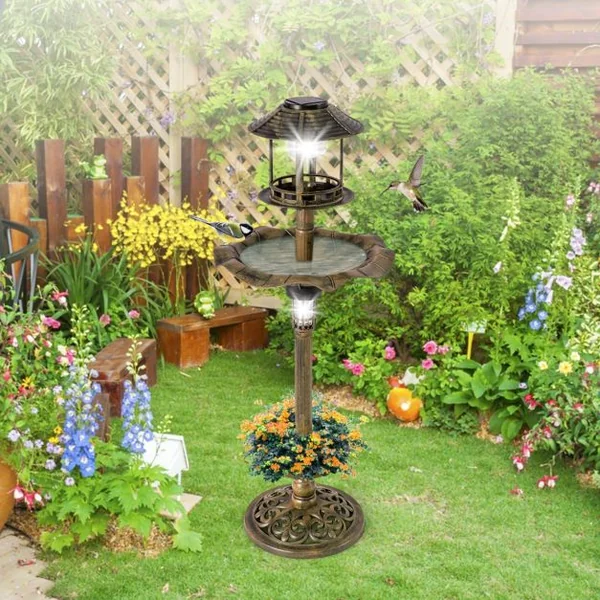 Bain d'Oiseaux Énergie Solaire Décoration d'Extérieur sur Pied Rétro Éclairé avec 2 Lampes Jardinière de Fleurs Mangeoire Abreuvoir Bronze/Vert