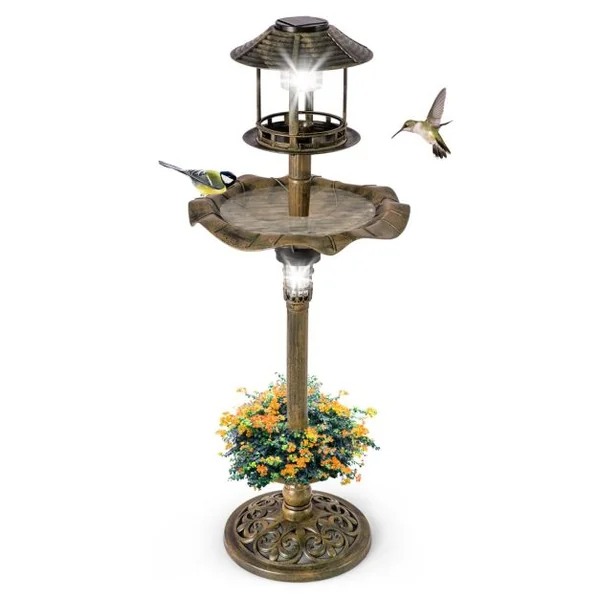Bain d'Oiseaux Énergie Solaire Décoration d'Extérieur sur Pied Rétro Éclairé avec 2 Lampes Jardinière de Fleurs Mangeoire Abreuvoir Bronze/Vert