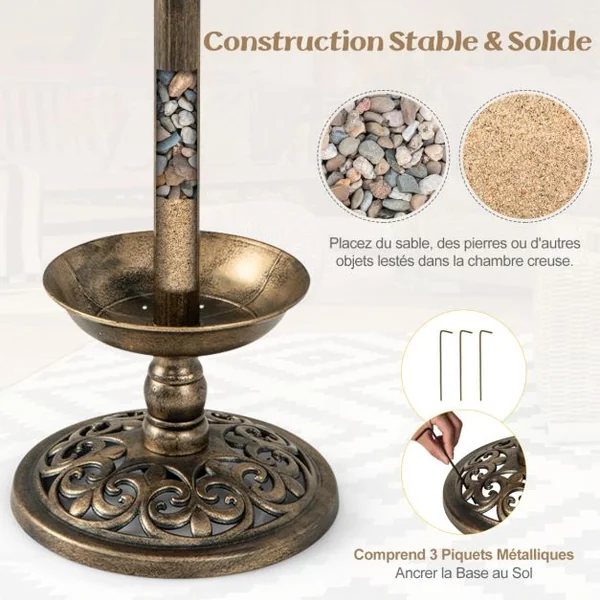 Bain d'Oiseaux Énergie Solaire Décoration d'Extérieur sur Pied Rétro Éclairé avec 2 Lampes Jardinière de Fleurs Mangeoire Abreuvoir Bronze/Vert
