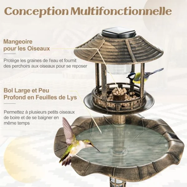 Bain d'Oiseaux Énergie Solaire Décoration d'Extérieur sur Pied Rétro Éclairé avec 2 Lampes Jardinière de Fleurs Mangeoire Abreuvoir Bronze/Vert
