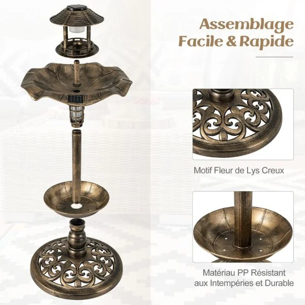 Bain d'Oiseaux Énergie Solaire Décoration d'Extérieur sur Pied Rétro Éclairé avec 2 Lampes Jardinière de Fleurs Mangeoire Abreuvoir Bronze/Vert