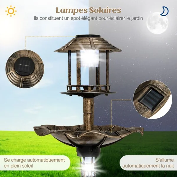 Bain d'Oiseaux Énergie Solaire Décoration d'Extérieur sur Pied Rétro Éclairé avec 2 Lampes Jardinière de Fleurs Mangeoire Abreuvoir Bronze/Vert