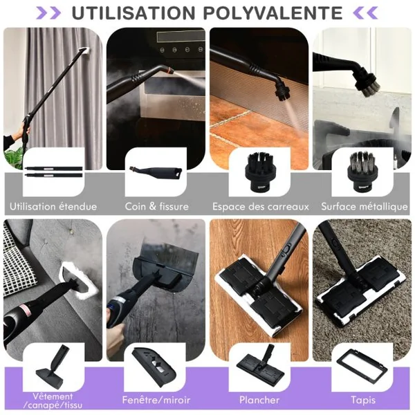 Balai Vapeur 2000w Polyvalent Pression 4 Bars 19 Accessoires Réservoir de 1,5L Voyant Led en Abs 23x43x114,5cm Bleu