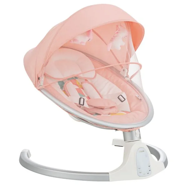 Balancelle Bébé Electrique Programmable 5 Modes d'Angle 5 Vitesses 10 Chansons Bluetooth Moustiquaire Amovible Oreiller Rose