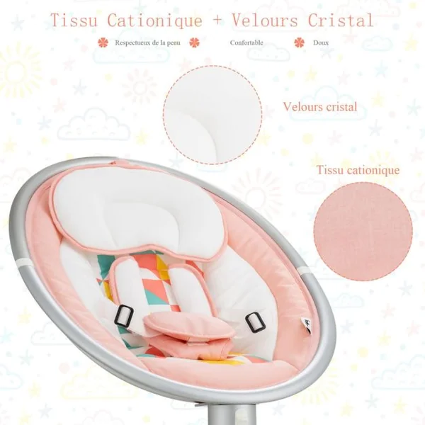 Balancelle Bébé Electrique Programmable 5 Modes d'Angle 5 Vitesses 10 Chansons Bluetooth Moustiquaire Amovible Oreiller Rose