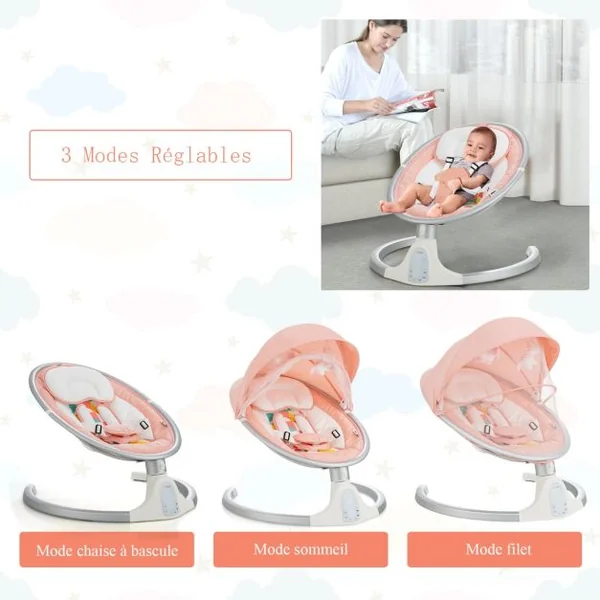 Balancelle Bébé Electrique Programmable 5 Modes d'Angle 5 Vitesses 10 Chansons Bluetooth Moustiquaire Amovible Oreiller Rose