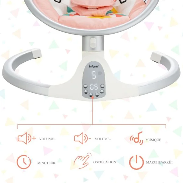 Balancelle Bébé Electrique Programmable 5 Modes d'Angle 5 Vitesses 10 Chansons Bluetooth Moustiquaire Amovible Oreiller Rose