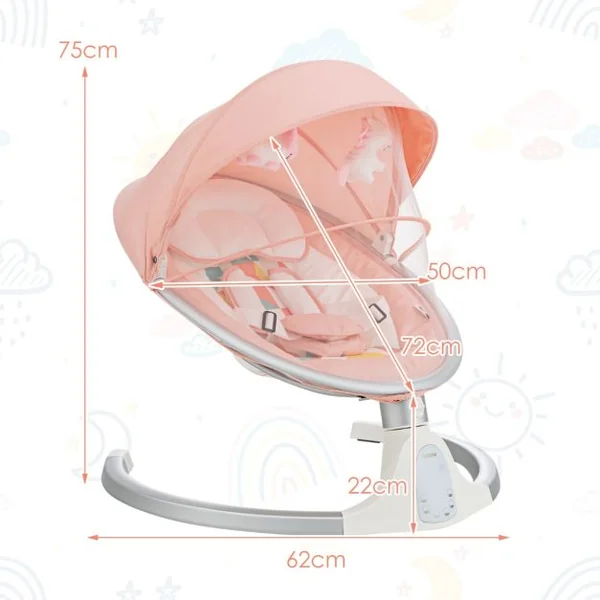 Balancelle Bébé Electrique Programmable 5 Modes d'Angle 5 Vitesses 10 Chansons Bluetooth Moustiquaire Amovible Oreiller Rose