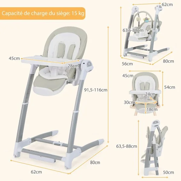 Balancelle Bébé Evolutif Chaise Haute Pliante Dossier à 5 Positions 3 Repose-pieds et 8 Hauteurs Réglables Plateau Double Gris