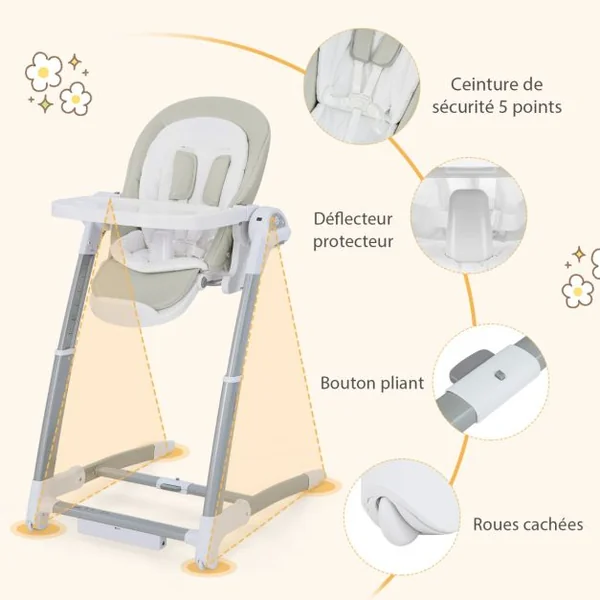Balancelle Bébé Evolutif Chaise Haute Pliante Dossier à 5 Positions 3 Repose-pieds et 8 Hauteurs Réglables Plateau Double Gris