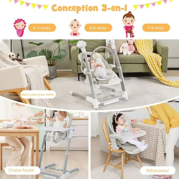 Balancelle Bébé Evolutif Chaise Haute Pliante Dossier à 5 Positions 3 Repose-pieds et 8 Hauteurs Réglables Plateau Double Gris