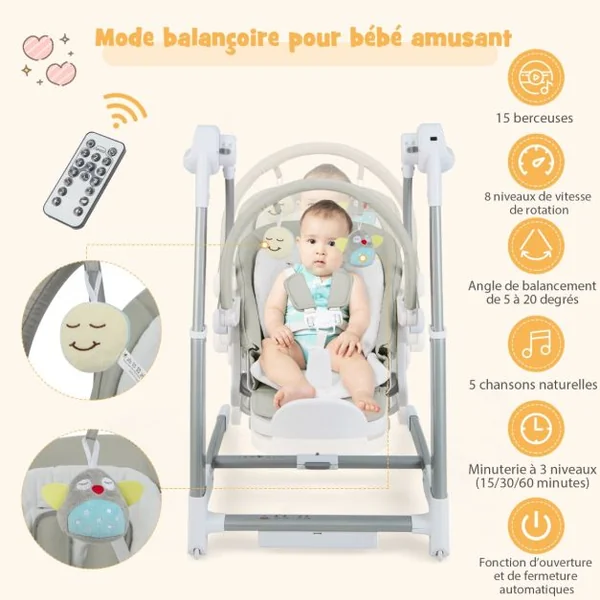 Balancelle Bébé Evolutif Chaise Haute Pliante Dossier à 5 Positions 3 Repose-pieds et 8 Hauteurs Réglables Plateau Double Gris