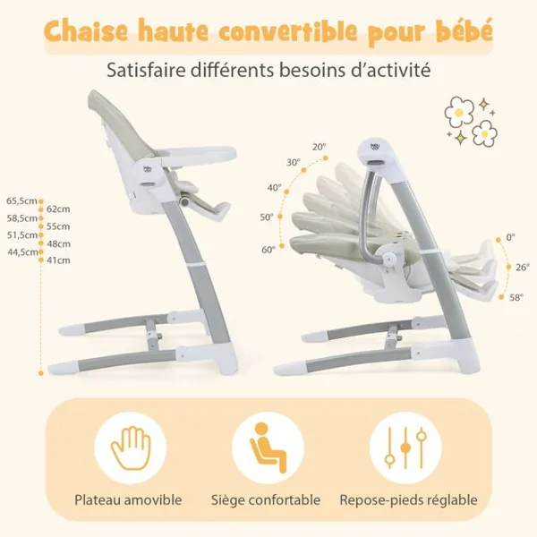 Balancelle Bébé Evolutif Chaise Haute Pliante Dossier à 5 Positions 3 Repose-pieds et 8 Hauteurs Réglables Plateau Double Gris