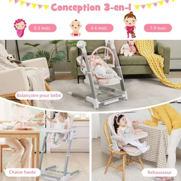 Balancelle Bébé Evolutif Chaise Haute Pliante Dossier à 5 Positions 3 Repose-pieds et 8 Hauteurs Réglables Plateau Double Rose