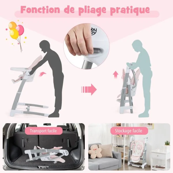 Balancelle Bébé Evolutif Chaise Haute Pliante Dossier à 5 Positions 3 Repose-pieds et 8 Hauteurs Réglables Plateau Double Rose