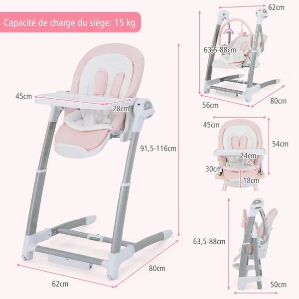 Balancelle Bébé Evolutif Chaise Haute Pliante Dossier à 5 Positions 3 Repose-pieds et 8 Hauteurs Réglables Plateau Double Rose