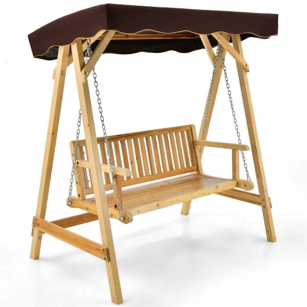 Balancelle de Jardin 2 Places en Bois avec Toit Inclinable Imperméable Chaîne Métallique Réglable Charge 240KG Cadre en A pour Jardin Véranda Cour