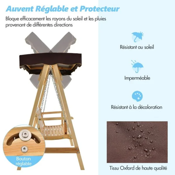 Balancelle de Jardin 2 Places en Bois avec Toit Inclinable Imperméable Chaîne Métallique Réglable Charge 240KG Cadre en A pour Jardin Véranda Cour