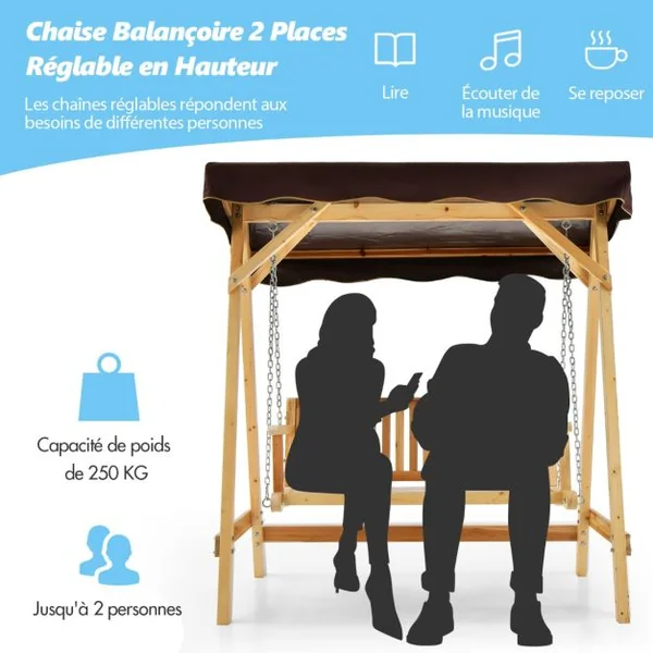 Balancelle de Jardin 2 Places en Bois avec Toit Inclinable Imperméable Chaîne Métallique Réglable Charge 240KG Cadre en A pour Jardin Véranda Cour