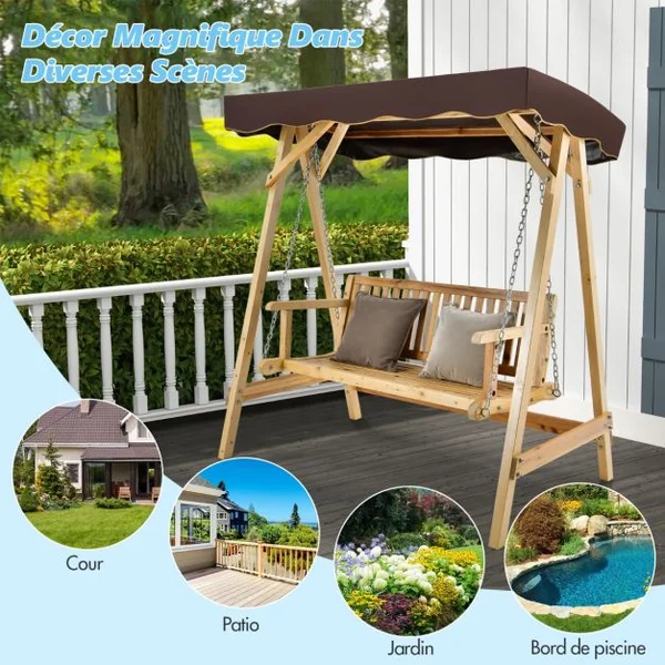 Balancelle de Jardin 2 Places en Bois avec Toit Inclinable Imperméable Chaîne Métallique Réglable Charge 240KG Cadre en A pour Jardin Véranda Cour