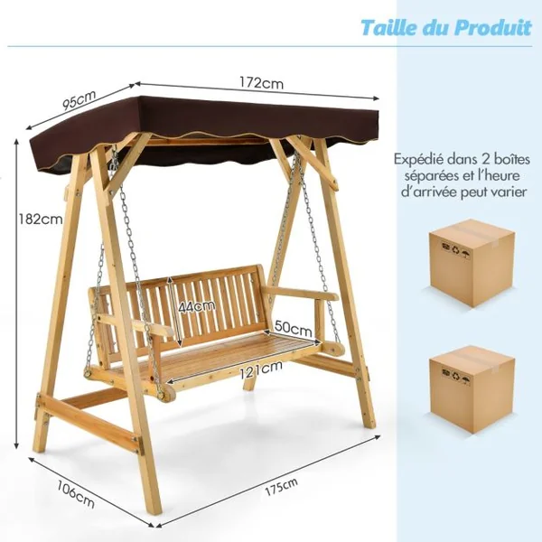 Balancelle de Jardin 2 Places en Bois avec Toit Inclinable Imperméable Chaîne Métallique Réglable Charge 240KG Cadre en A pour Jardin Véranda Cour