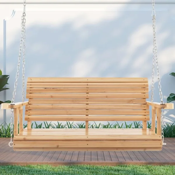 Balancelle de Jardin en Bois 2 Places avec Porte-gobelets Balancelle Exterieur Charge 240KG avec Chaîne Métallique pour Jardin Cour Patio