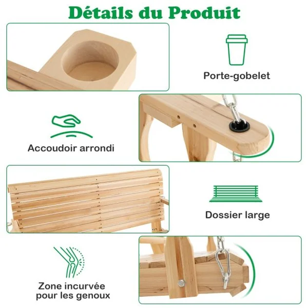 Balancelle de Jardin en Bois 2 Places avec Porte-gobelets Balancelle Exterieur Charge 240KG avec Chaîne Métallique pour Jardin Cour Patio