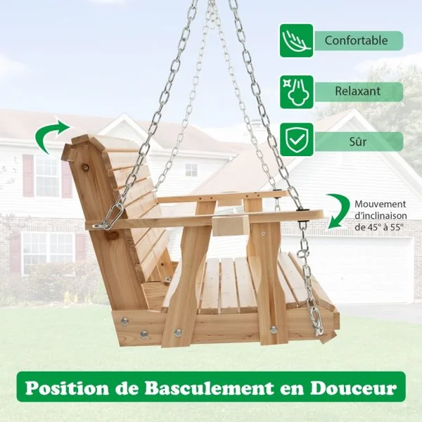 Balancelle de Jardin en Bois 2 Places avec Porte-gobelets Balancelle Exterieur Charge 240KG avec Chaîne Métallique pour Jardin Cour Patio