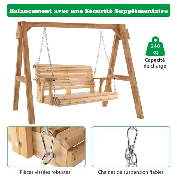 Balancelle de Jardin en Bois 2 Places avec Porte-gobelets Balancelle Exterieur Charge 240KG avec Chaîne Métallique pour Jardin Cour Patio