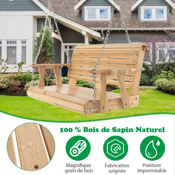 Balancelle de Jardin en Bois 2 Places avec Porte-gobelets Balancelle Exterieur Charge 240KG avec Chaîne Métallique pour Jardin Cour Patio