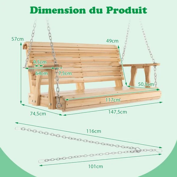 Balancelle de Jardin en Bois 2 Places avec Porte-gobelets Balancelle Exterieur Charge 240KG avec Chaîne Métallique pour Jardin Cour Patio