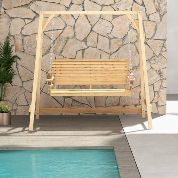 Balancelle de Jardin en Bois 2 Places avec Porte-gobelets et Accoudoirs Balancelle Exterieur Charge 240KG avec Chaîne Métallique et Structure en Forme A