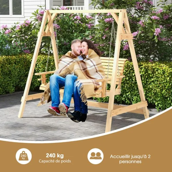 Balancelle de Jardin en Bois 2 Places avec Porte-gobelets et Accoudoirs Balancelle Exterieur Charge 240KG avec Chaîne Métallique et Structure en Forme A