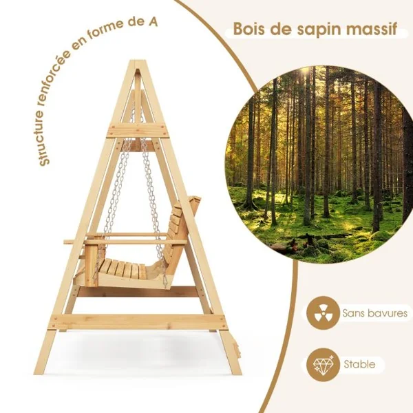 Balancelle de Jardin en Bois 2 Places avec Porte-gobelets et Accoudoirs Balancelle Exterieur Charge 240KG avec Chaîne Métallique et Structure en Forme A