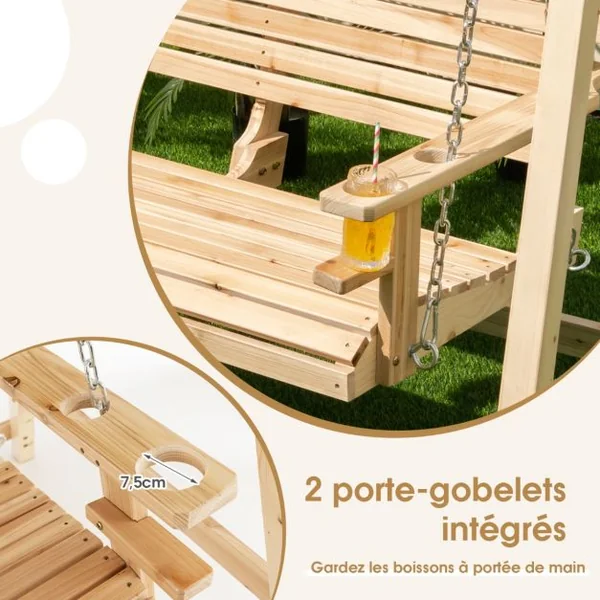 Balancelle de Jardin en Bois 2 Places avec Porte-gobelets et Accoudoirs Balancelle Exterieur Charge 240KG avec Chaîne Métallique et Structure en Forme A