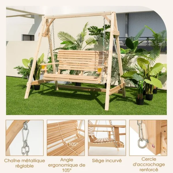 Balancelle de Jardin en Bois 2 Places avec Porte-gobelets et Accoudoirs Balancelle Exterieur Charge 240KG avec Chaîne Métallique et Structure en Forme A