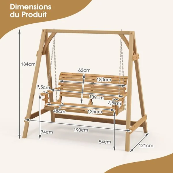 Balancelle de Jardin en Bois 2 Places avec Porte-gobelets et Accoudoirs Balancelle Exterieur Charge 240KG avec Chaîne Métallique et Structure en Forme A