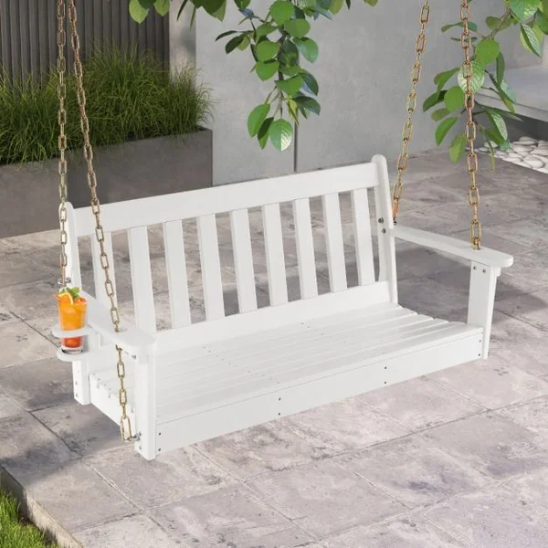 Balancelle de Jardin en HDPE 2 Places avec Porte-gobelets Balançoire Exterieur Charge 320KG avec Chaîne Hauteur 110/120/130cm Blanc