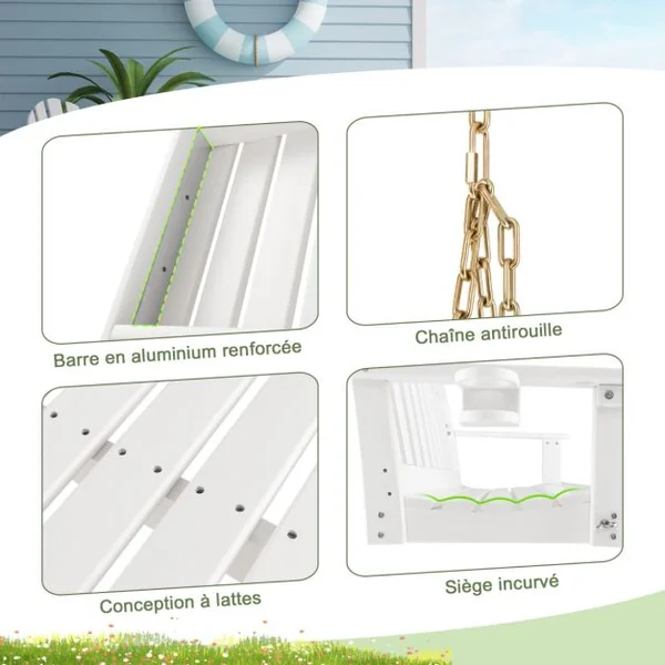 Balancelle de Jardin en HDPE 2 Places avec Porte-gobelets Balançoire Exterieur Charge 320KG avec Chaîne Hauteur 110/120/130cm Blanc