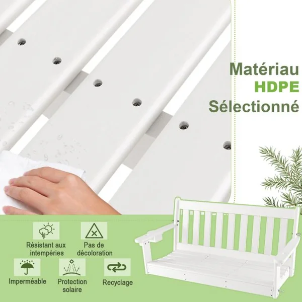 Balancelle de Jardin en HDPE 2 Places avec Porte-gobelets Balançoire Exterieur Charge 320KG avec Chaîne Hauteur 110/120/130cm Blanc