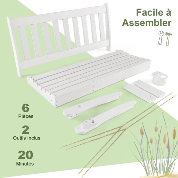 Balancelle de Jardin en HDPE 2 Places avec Porte-gobelets Balançoire Exterieur Charge 320KG avec Chaîne Hauteur 110/120/130cm Blanc