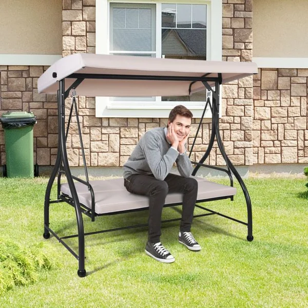 Balancelle d'Extérieur Convertible Jardin Porche Avec Sièges à Coussins Auvent Réglable et Cadre en Métal Enduit Hamac 3 Places Beige