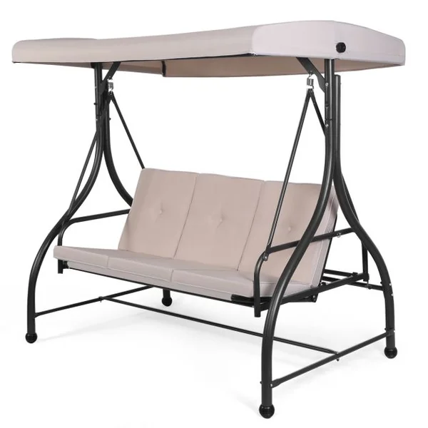 Balancelle d'Extérieur Convertible Jardin Porche Avec Sièges à Coussins Auvent Réglable et Cadre en Métal Enduit Hamac 3 Places Beige