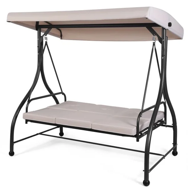 Balancelle d'Extérieur Convertible Jardin Porche Avec Sièges à Coussins Auvent Réglable et Cadre en Métal Enduit Hamac 3 Places Beige