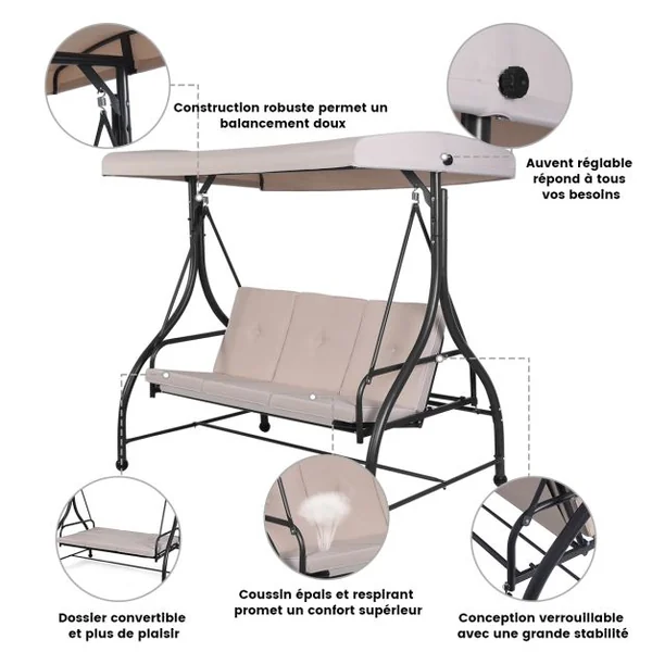 Balancelle d'Extérieur Convertible Jardin Porche Avec Sièges à Coussins Auvent Réglable et Cadre en Métal Enduit Hamac 3 Places Beige